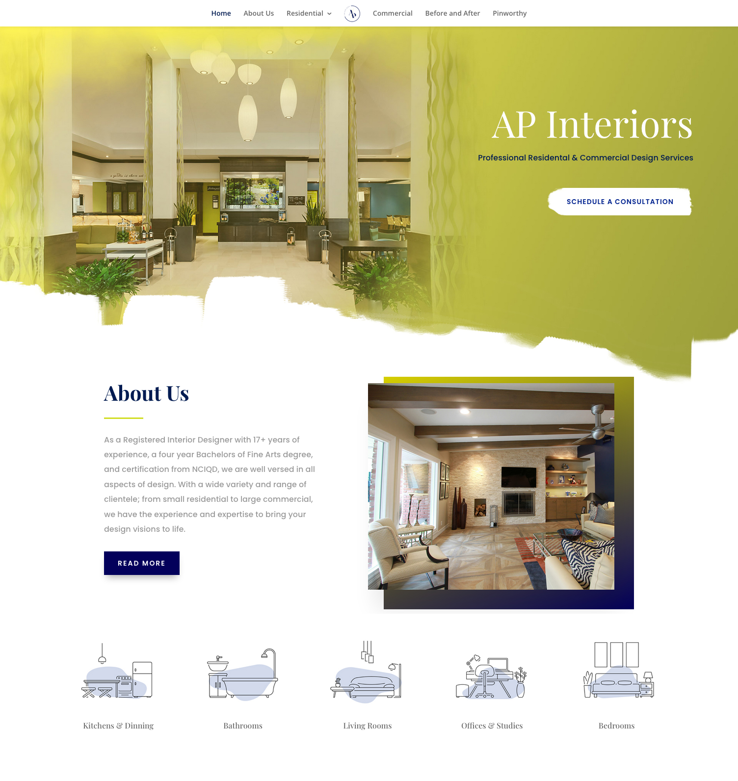 Home page hero: a chartreuse torn-paper wash over an interior photograph, the AP Interiors wordmark, and a row of line icons for kitchens, bathrooms, living rooms, offices and bedrooms