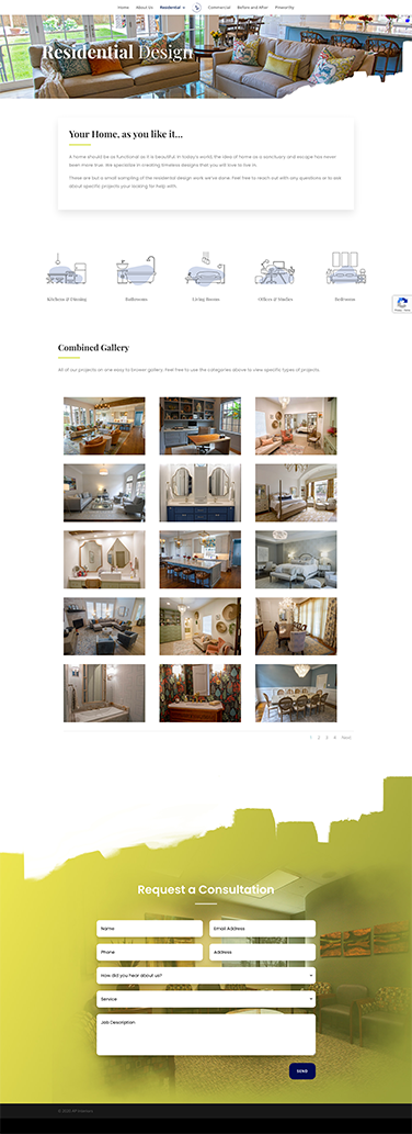 Full-length view of the AP Interiors home page, ending in a chartreuse-washed contact form