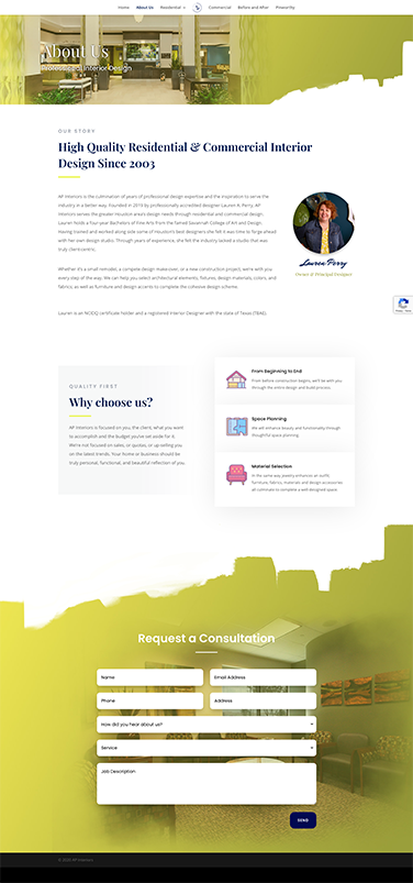 Interior page of the site headed 'High quality residential and commercial interior design since 2003', with a designer portrait, a 'Why choose us' block and a contact form