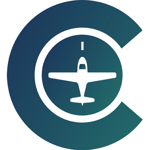 The Cloudline mark: a letter C wrapping a circular compass, with a light aircraft seen head-on inside it and a tick at the top of the dial, filled with a gradient running from Sky Deep navy to Storm teal