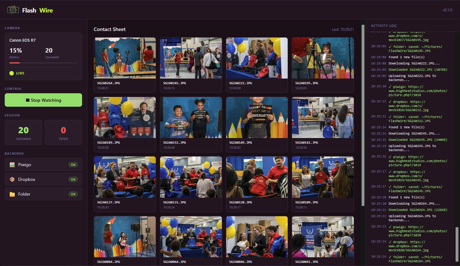 The same dashboard twenty frames in, the camera down to 15% battery, the contact sheet filled with backpack giveaway photographs and the activity log listing each download and each backend confirmation by timestamp