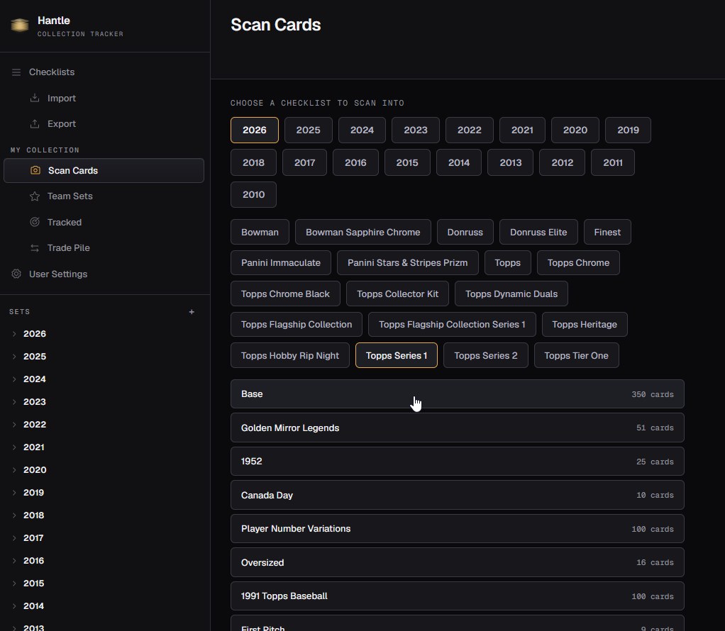 The Scan Cards screen: a year selector from 2026 back to 2010 above a row of set filters, then a list of checklists with their card counts