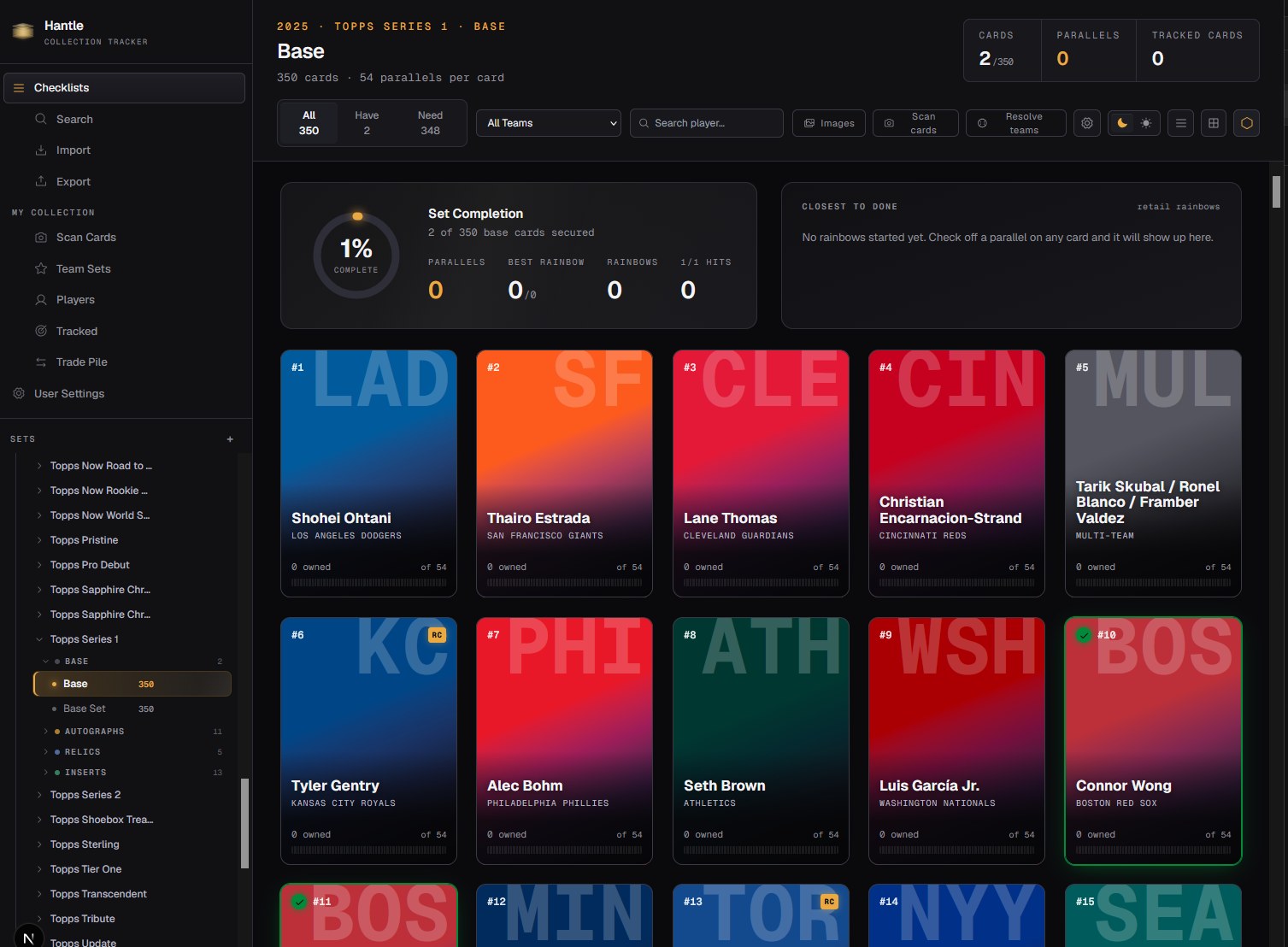 Rainbow chase view: a grid of team tiles with player names and set-completion percentages, showing progress across a whole set at a glance