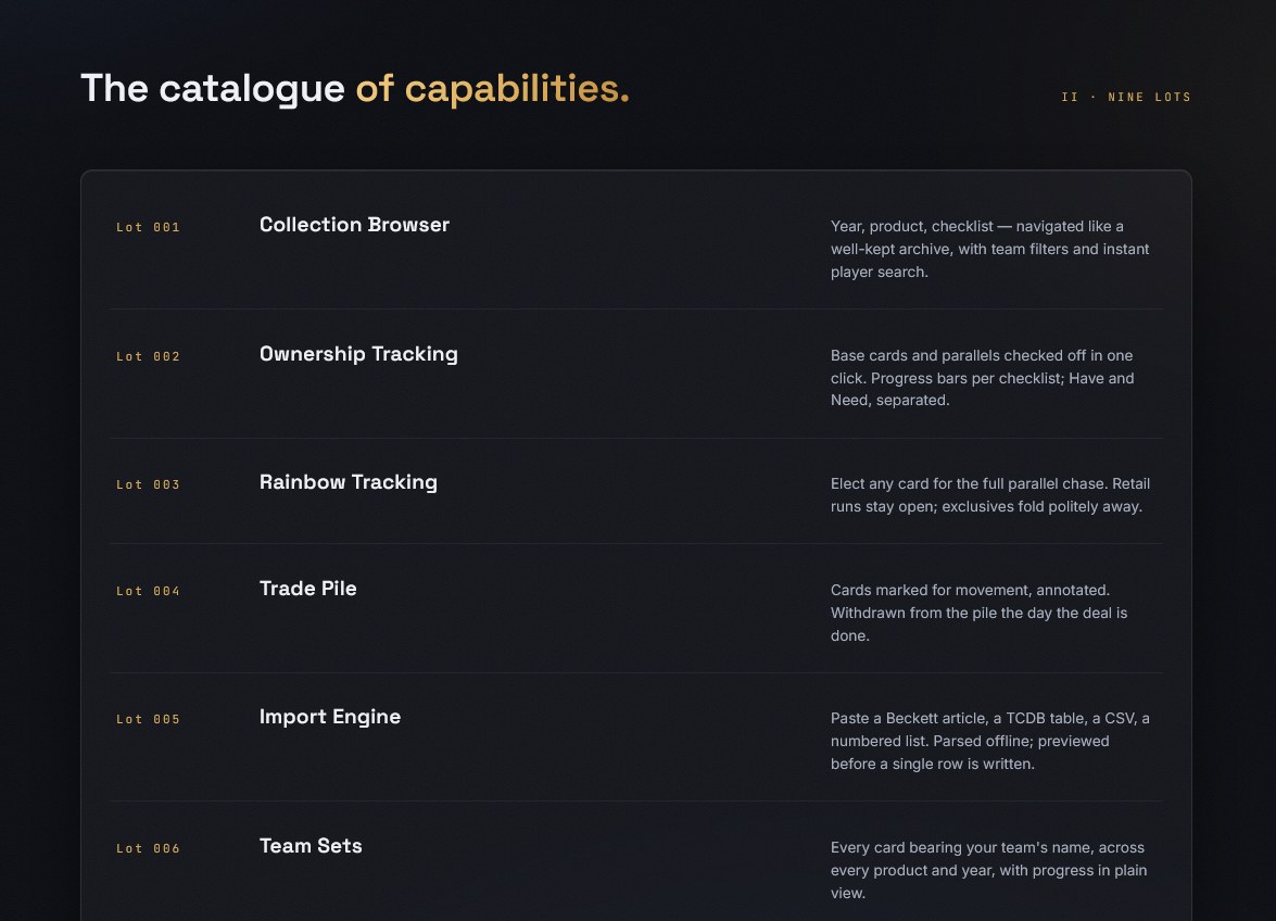 Marketing section 'The catalogue of capabilities', a numbered list of lots covering collection browser, ownership tracking, rainbow tracking, trade pile, import engine and team sets