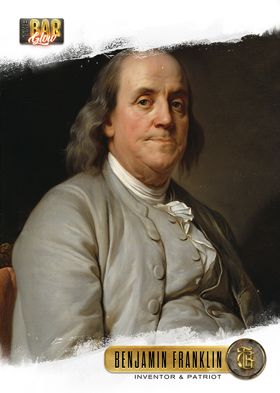 Benjamin Franklin base card, the portrait bleeding into a torn dark ground with a gold nameplate reading 'Inventor and Patriot'