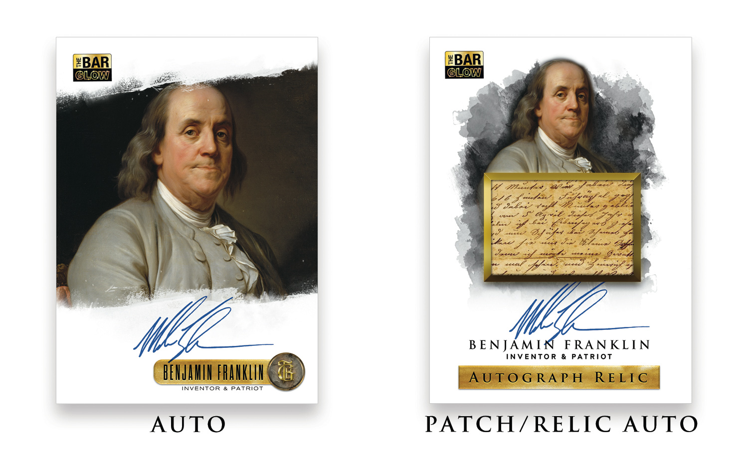Two autograph tiers side by side, labelled auto and patch relic auto, both signed Benjamin Franklin