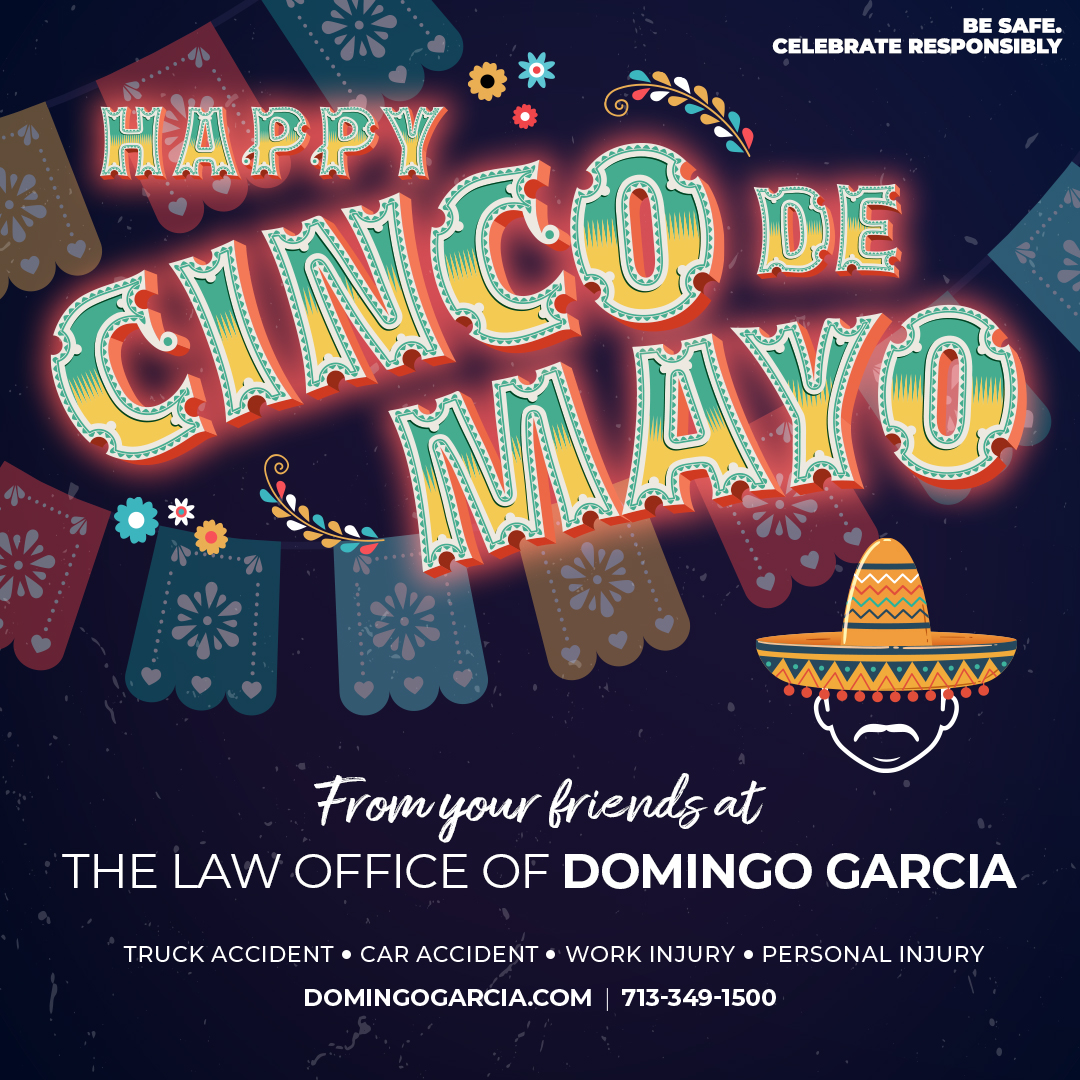 Cinco de Mayo greeting graphic in layered neon lettering with papel picado, sent from the firm and listing its practice areas