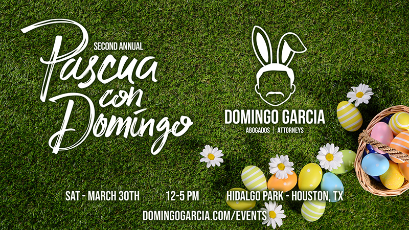 Event graphic for the firm's second annual 'Pascua con Domingo' Easter event, set on grass with coloured eggs and giving the date, time and Houston venue