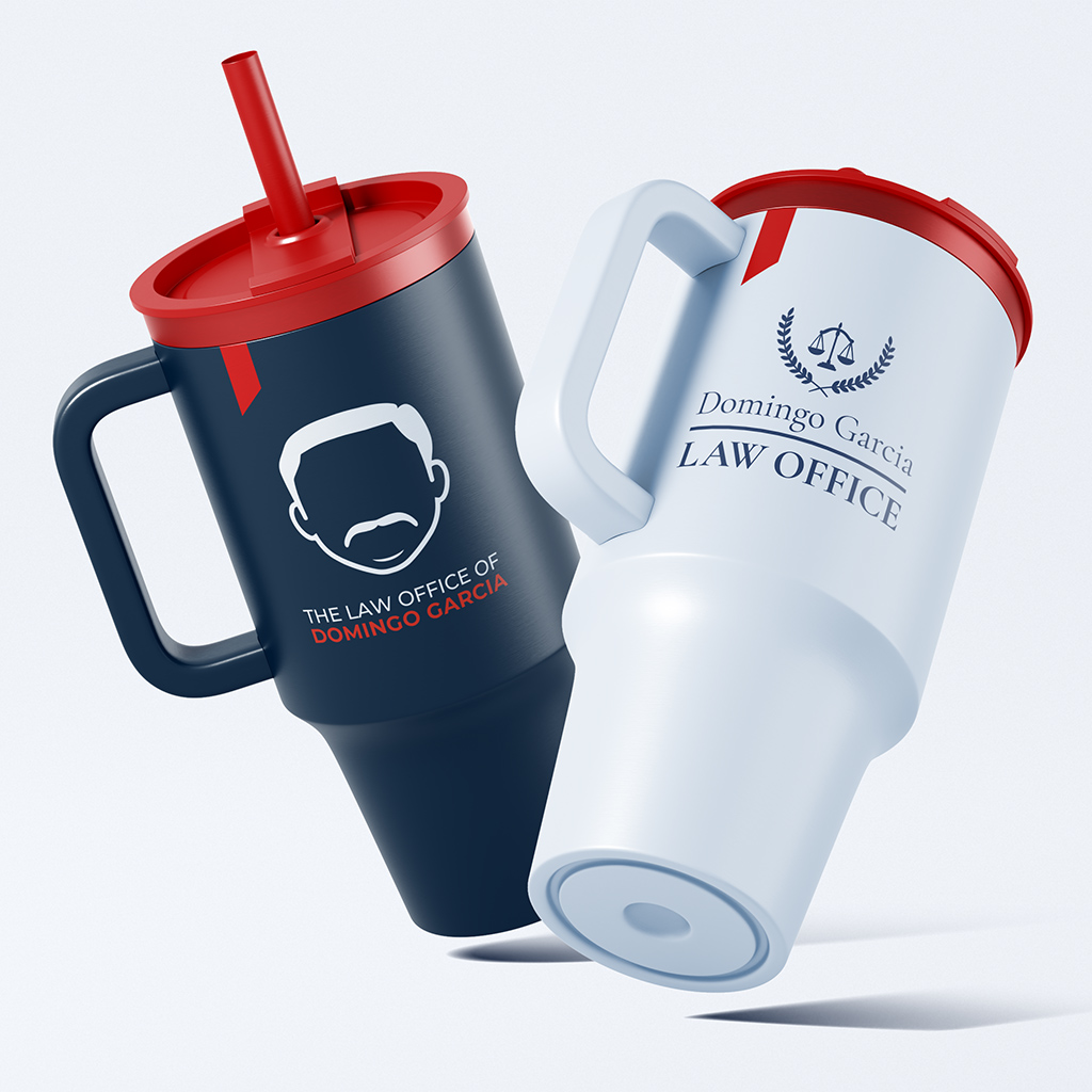 Two branded insulated travel tumblers, one navy and one white, carrying the firm's scales-of-justice logo