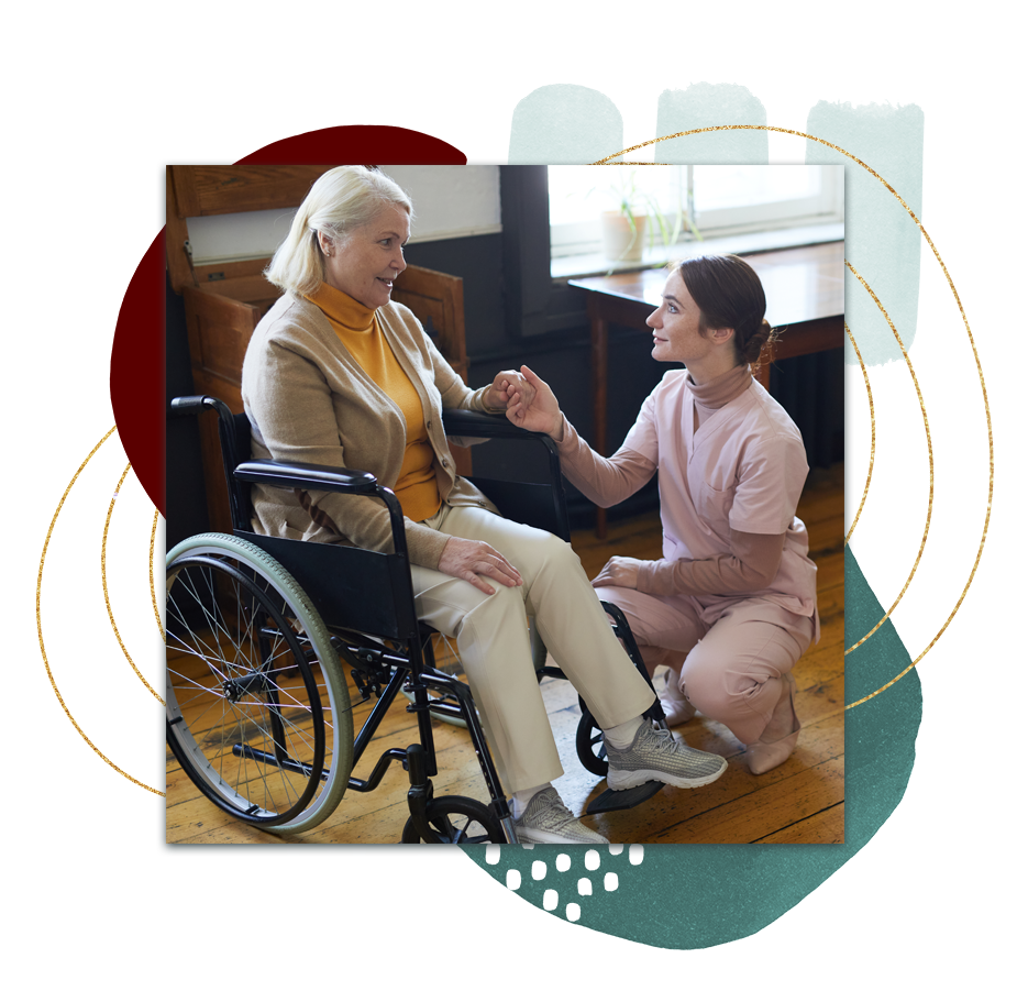 Brand collage: a caregiver crouching to talk with a woman in a wheelchair, layered over gold, green and maroon shapes