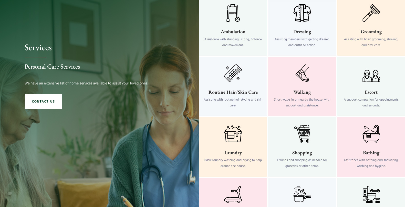 Services section of the site: a caregiver and client photograph beside a grid of nine pastel service tiles with line icons for bathing, dressing, grooming, walking, laundry, shopping and more