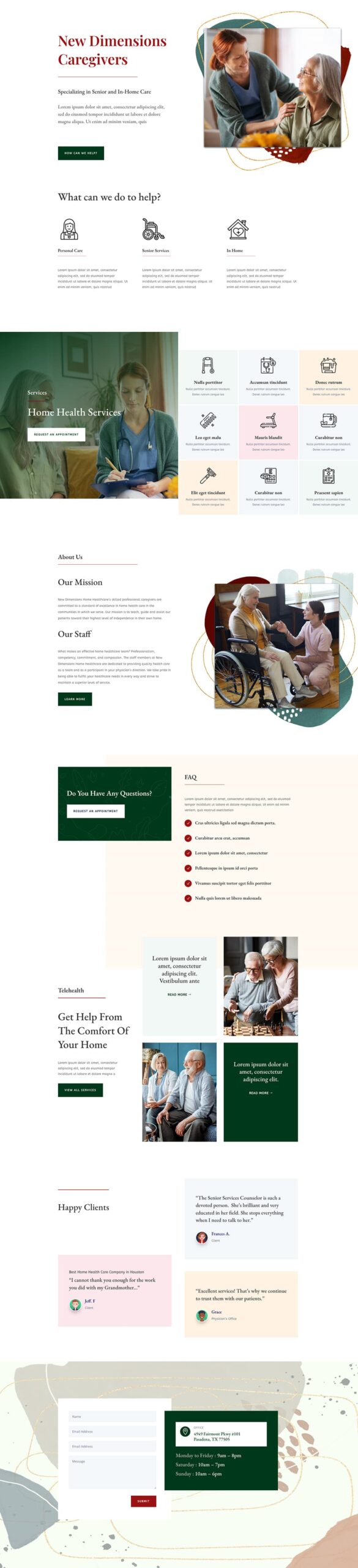 Full-length view of the New Dimensions Care home page, from hero through services and testimonials to the contact form
