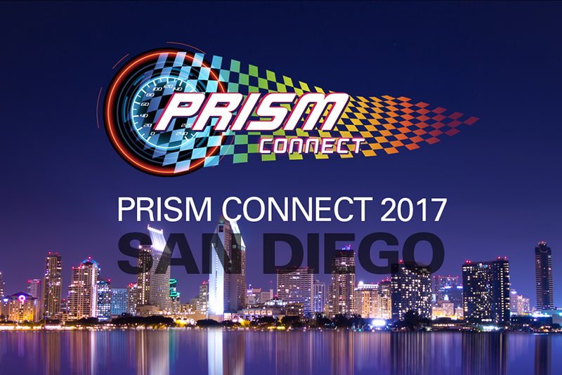 PRISM Connect 2017 event graphic: a chrome and checkerboard logo over a night skyline of San Diego