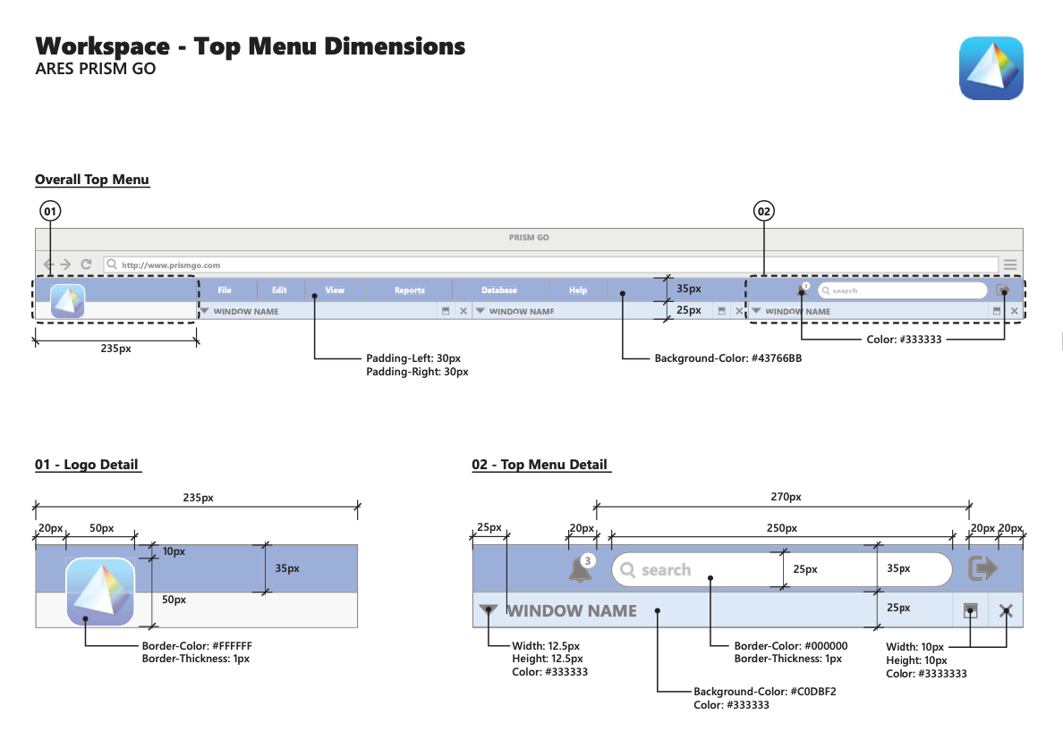 Workspace top-menu specification drawing, dimensioning the overall menu bar with logo and search-field details called out