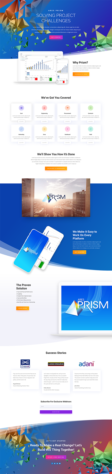 Full-length view of the PRISM marketing site, running from hero through feature blocks to the footer