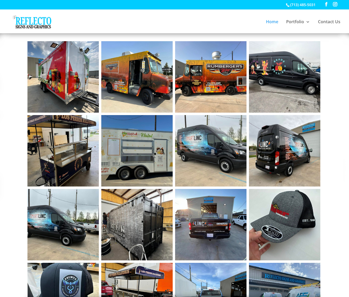 The site's filterable portfolio grid, showing wrapped trucks, trailers, food carts, vans and branded caps