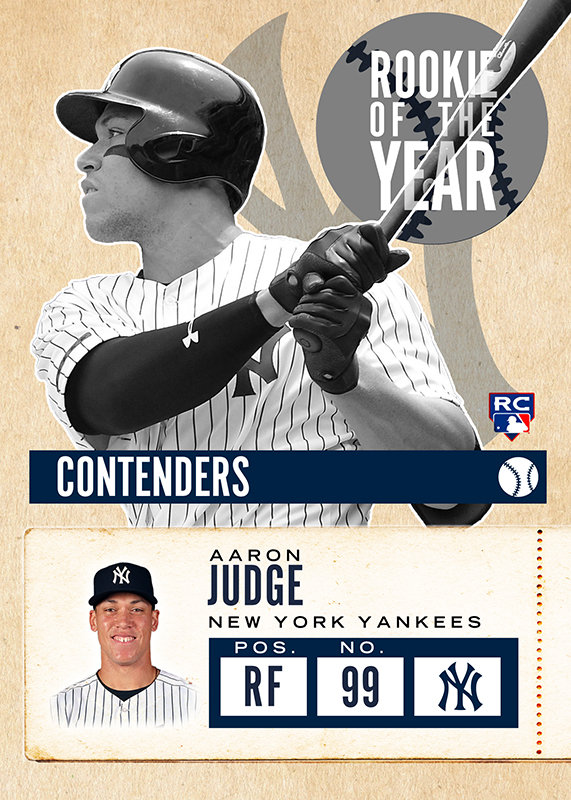 'Contenders' Rookie of the Year card of Aaron Judge in monochrome, with a ticket-style panel giving position and number