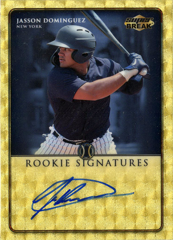 'Rookie Signatures' card of Jasson Dominguez mid-swing, on a gold guilloche panel with an on-card autograph
