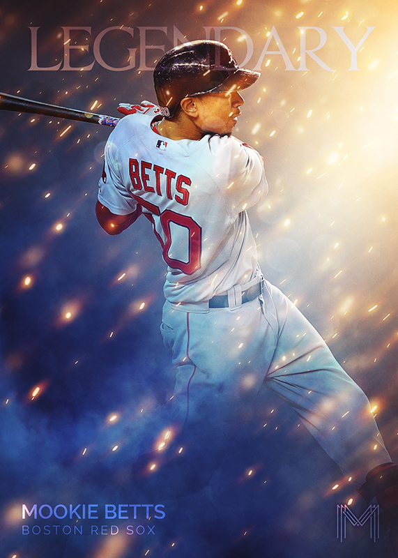 'Legendary' insert card of Mookie Betts batting, set against a starfield with warm light flares
