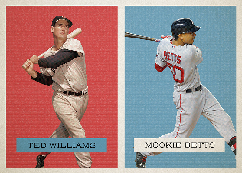 Retro two-panel card pairing Ted Williams and Mookie Betts in matching poses on red and blue grounds