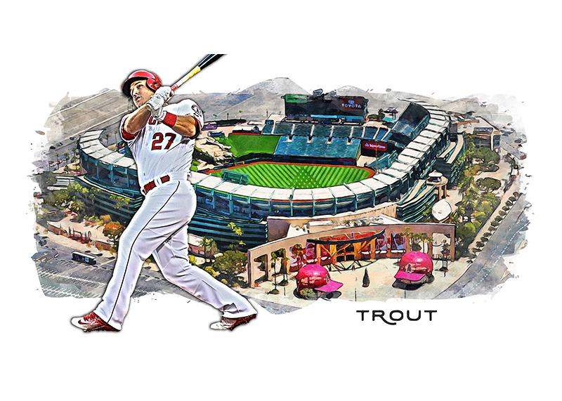Illustrated card of Mike Trout batting in front of a watercolour rendering of the Angels' ballpark