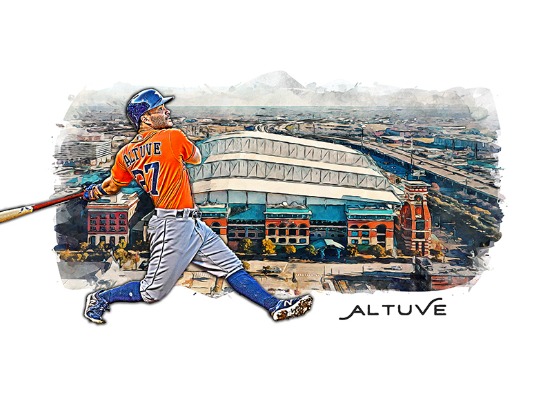 Illustrated card of Jose Altuve batting in front of a watercolour rendering of the Astros' ballpark